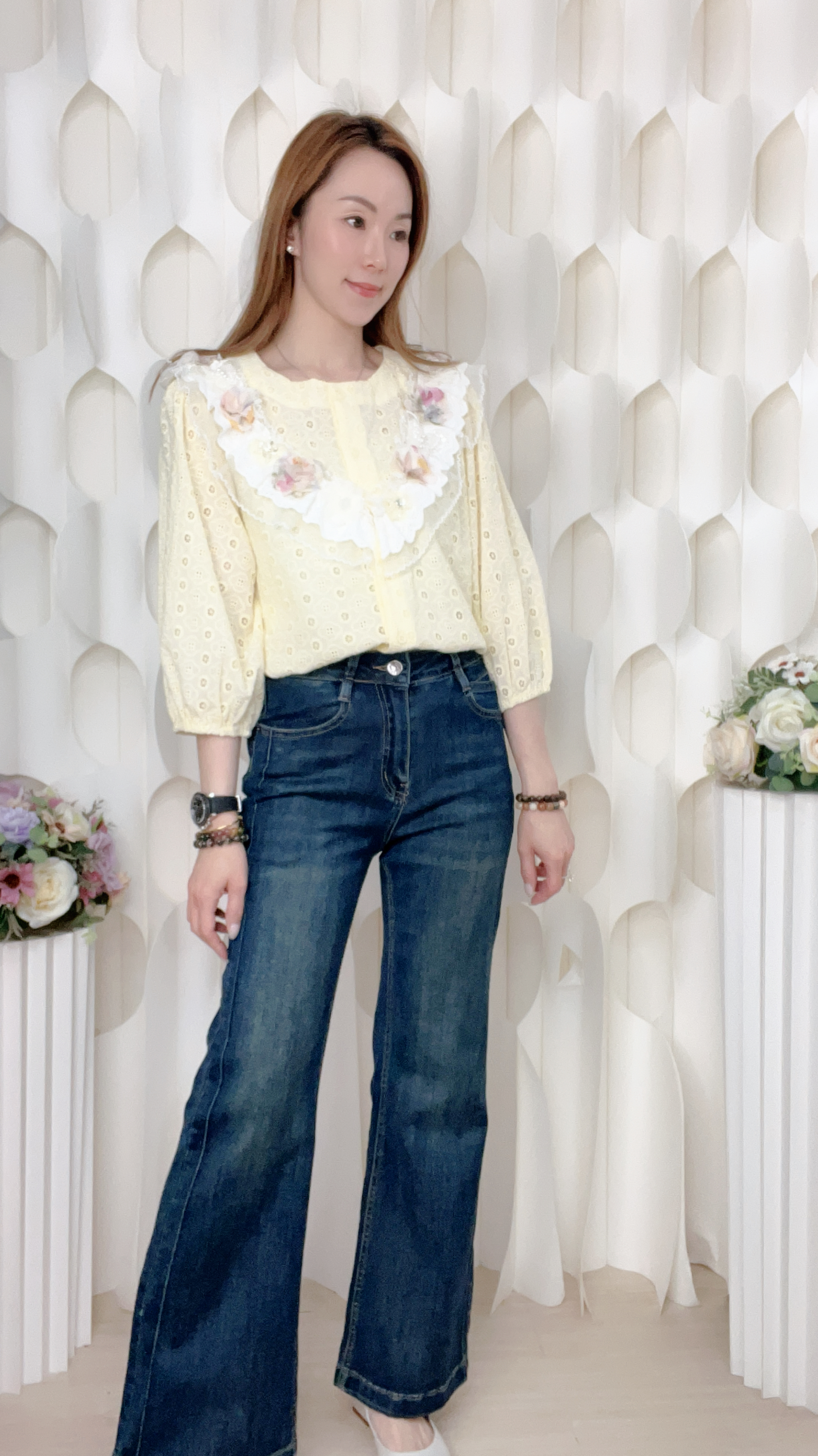 通花蝴蝶珍珠上衣(胸40 腰42 長21吋)26023 #3103clo