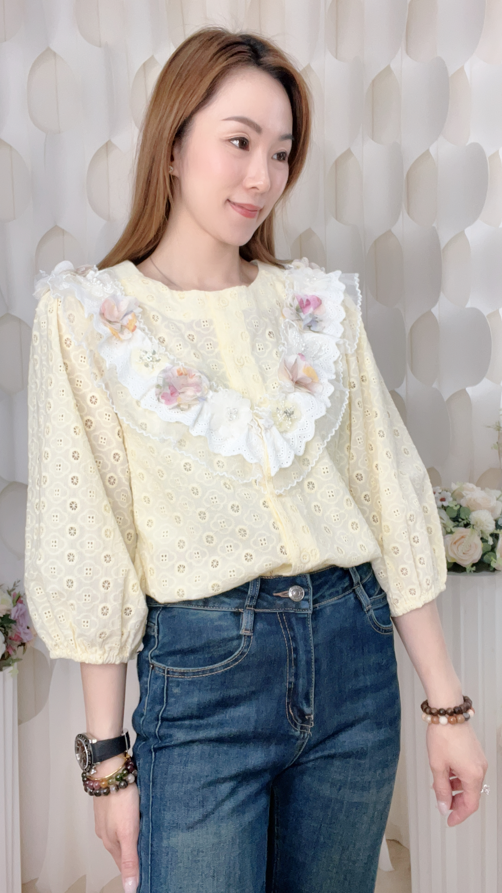 通花蝴蝶珍珠上衣(胸40 腰42 長21吋)26023 #3103clo