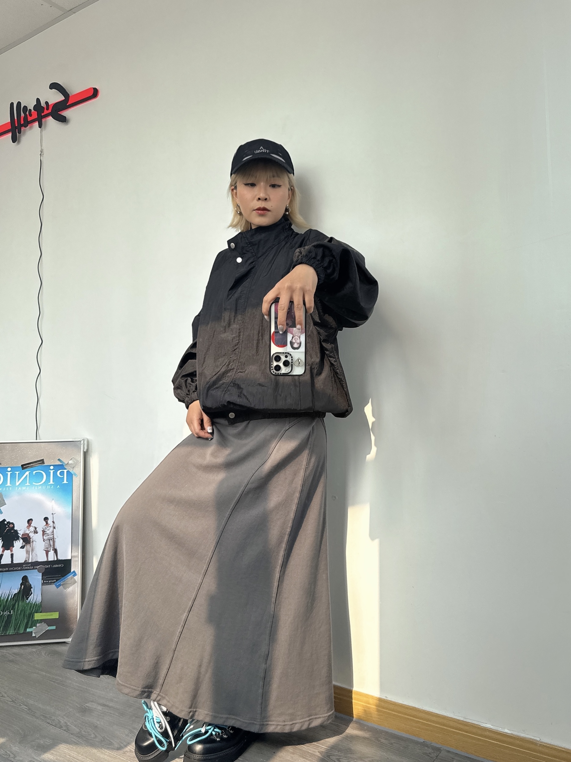洗水復古感休閒半截裙 (洗水灰-淺紫色)