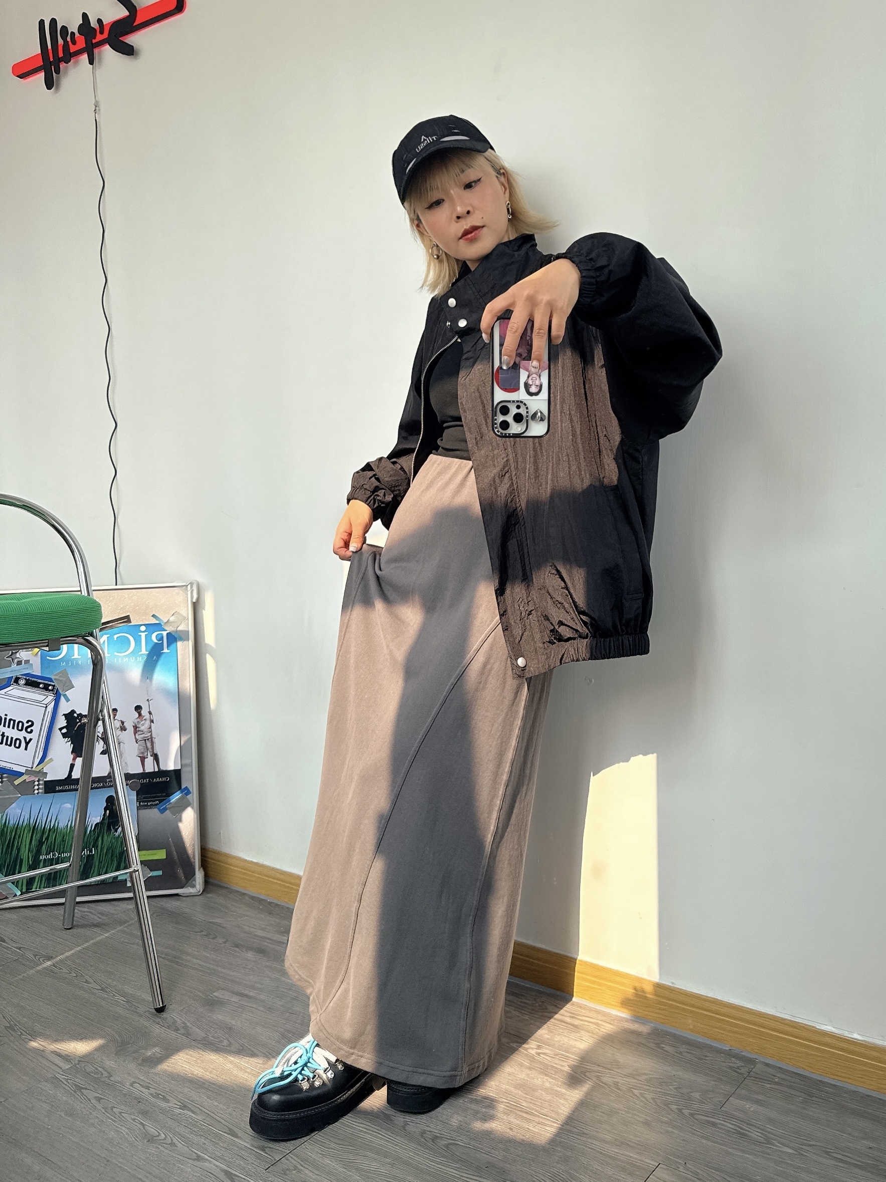 洗水復古感休閒半截裙 (洗水灰-淺紫色)