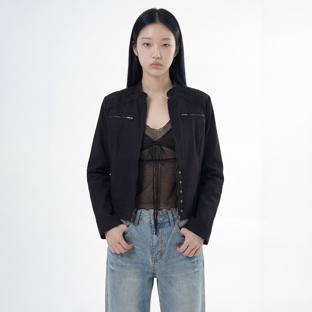 立領壓褶合身夾克