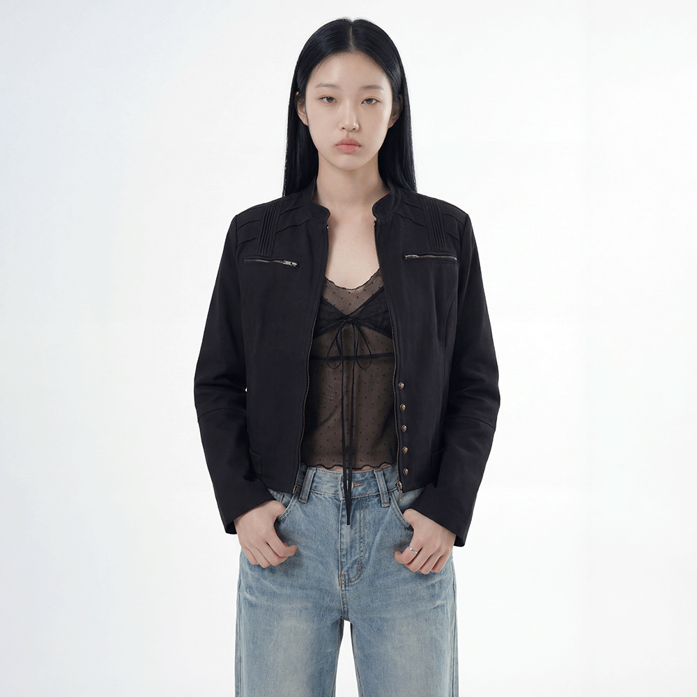 立領壓褶合身夾克