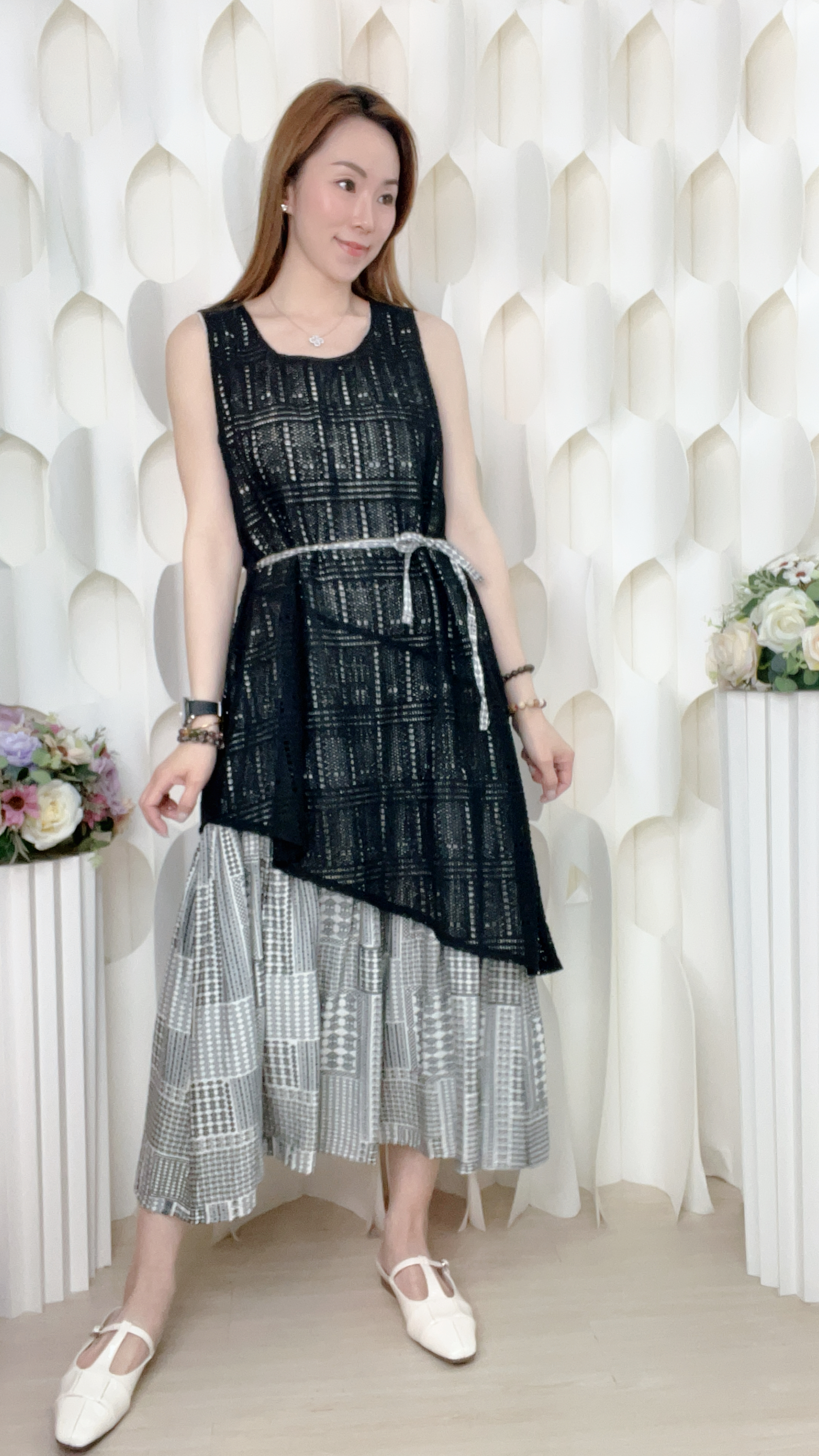 梭織拼鏤空層次連身裙(胸38 腰42 臀46 長44吋) 27201 #3103clo