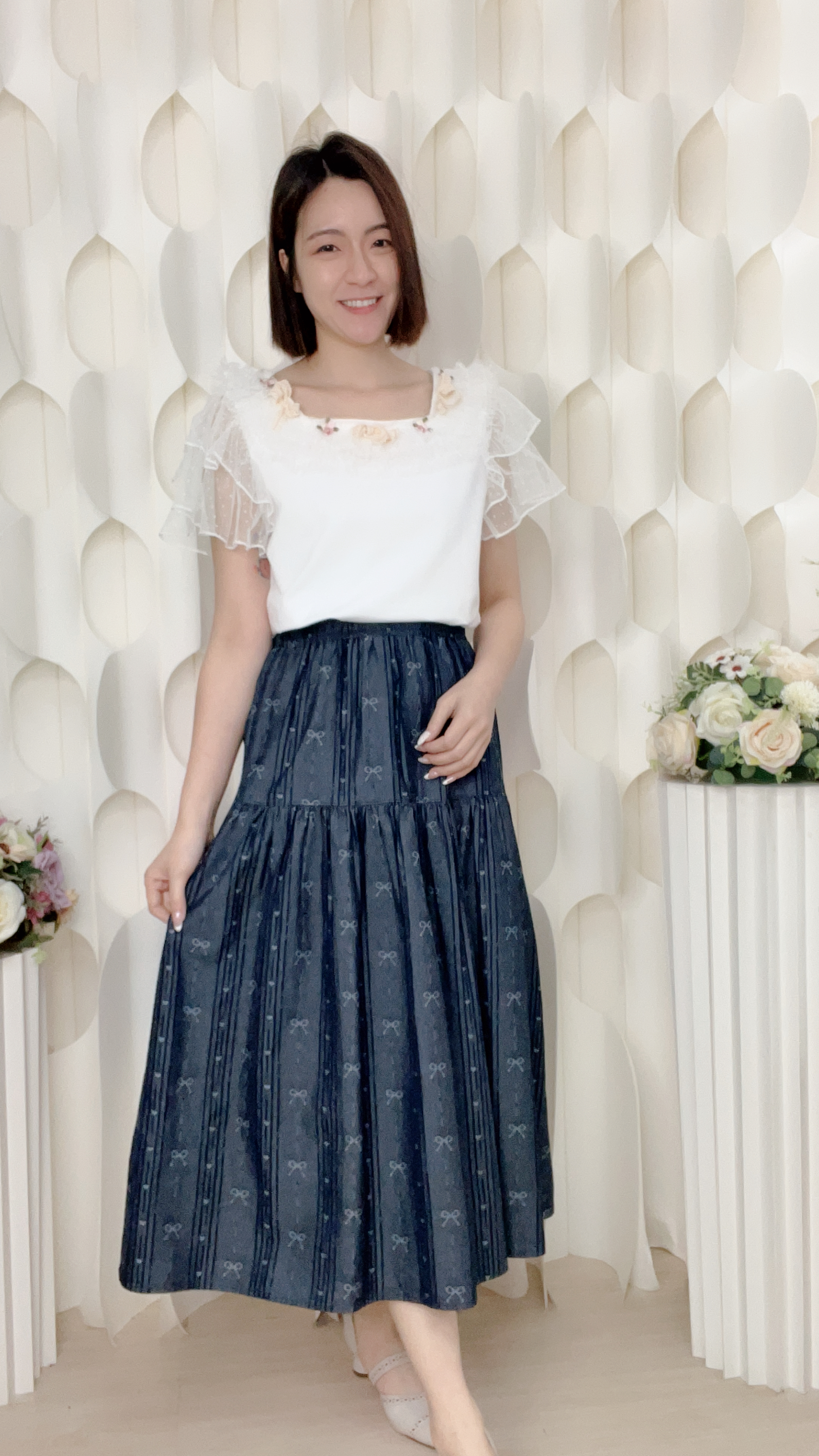 滑棉紗網蝴蝶結花花上衣(胸38-44 腰36-42 長23吋) 26021 #3103clo