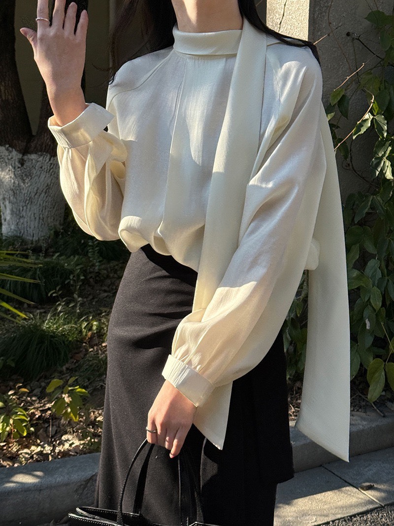 No.1682 法式天絲醋酸立領飄帶襯衫