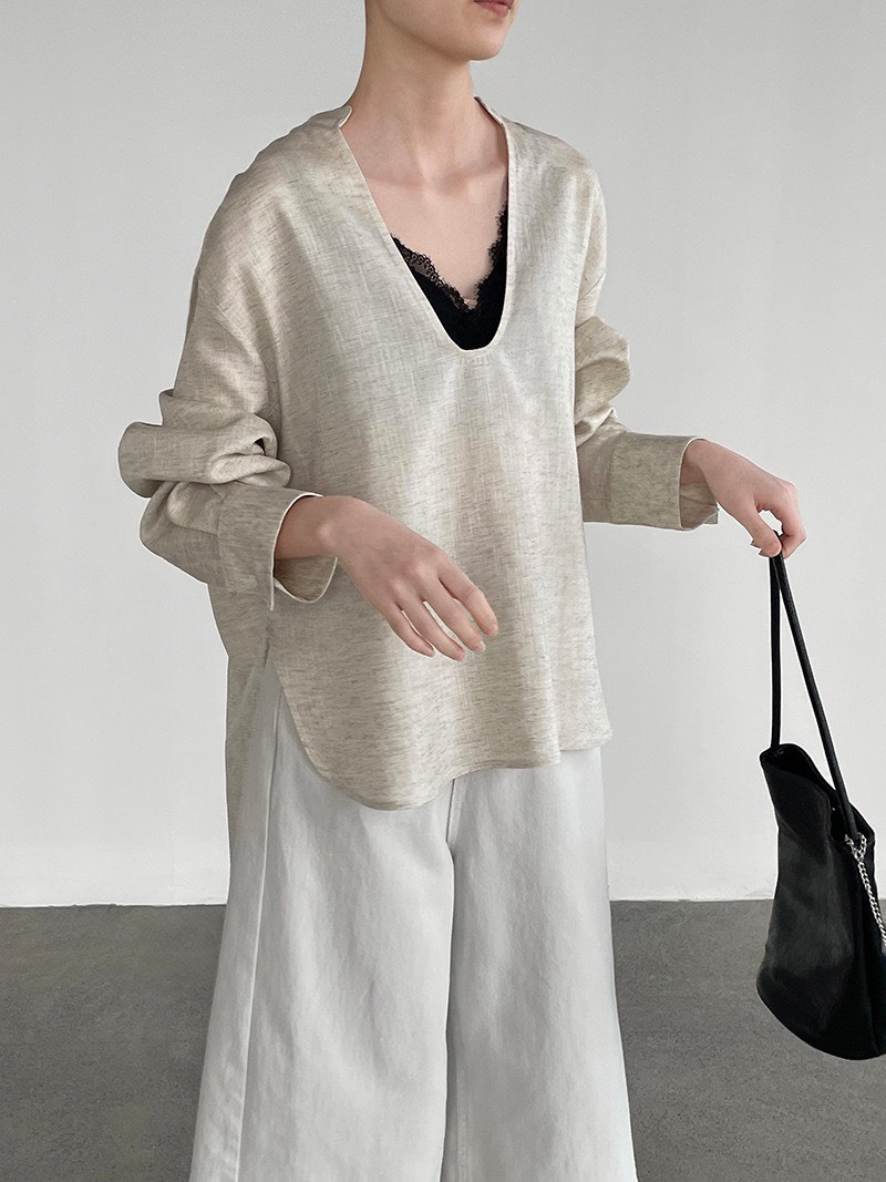 No.1678 天絲亞麻U領老錢襯衫