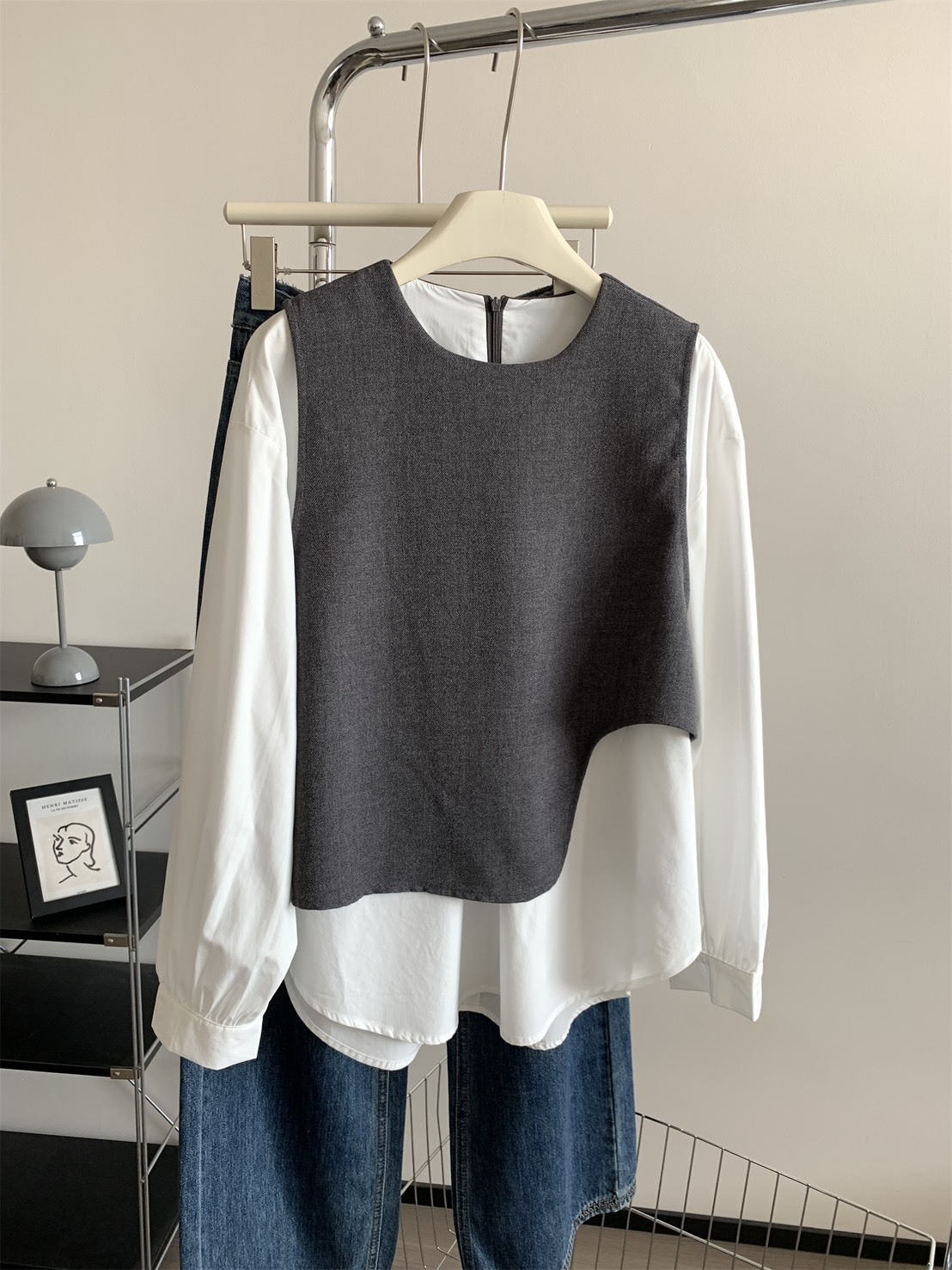 No.1677 假兩件拼接天絲背心襯衫