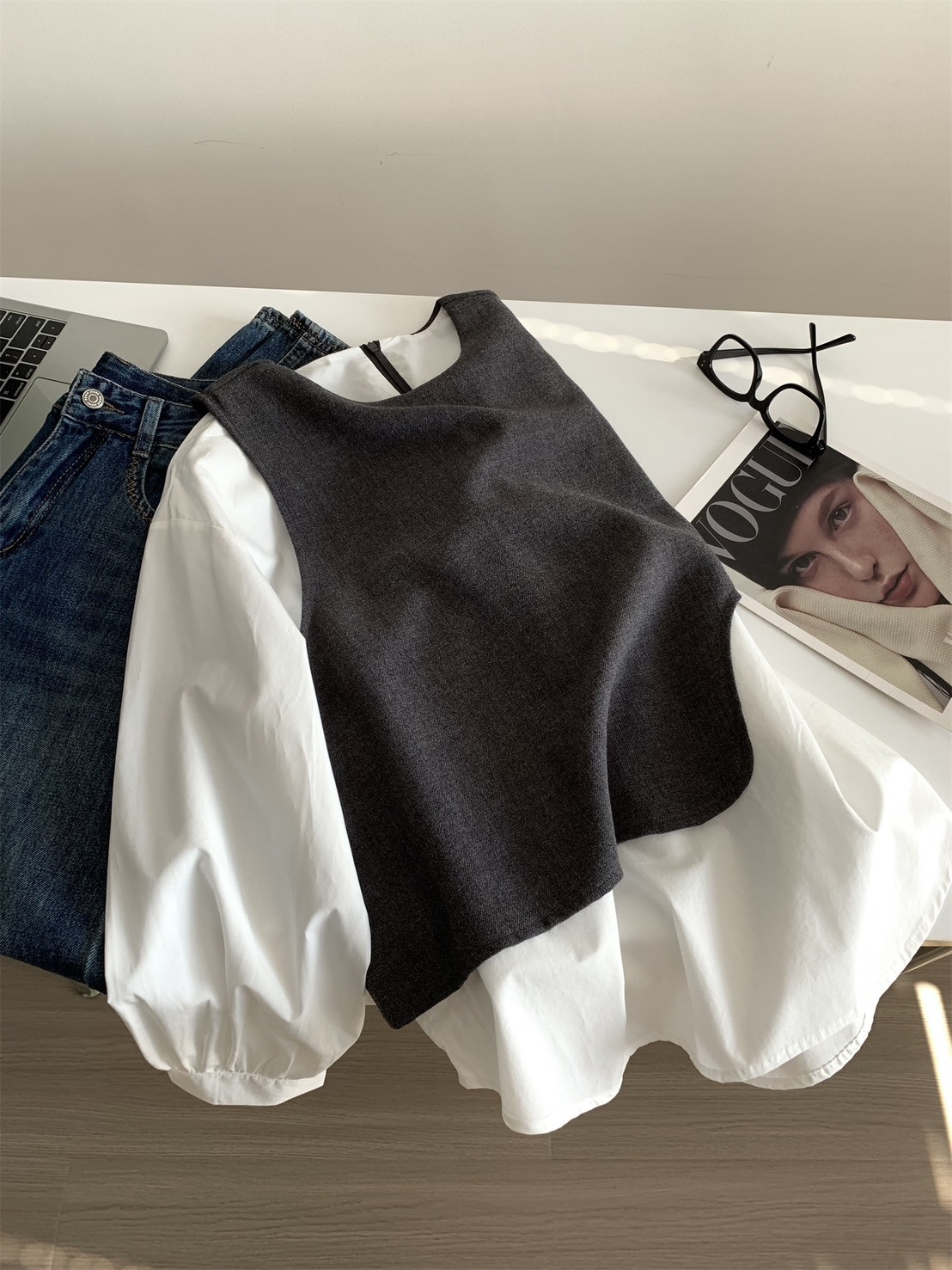 No.1677 假兩件拼接天絲背心襯衫