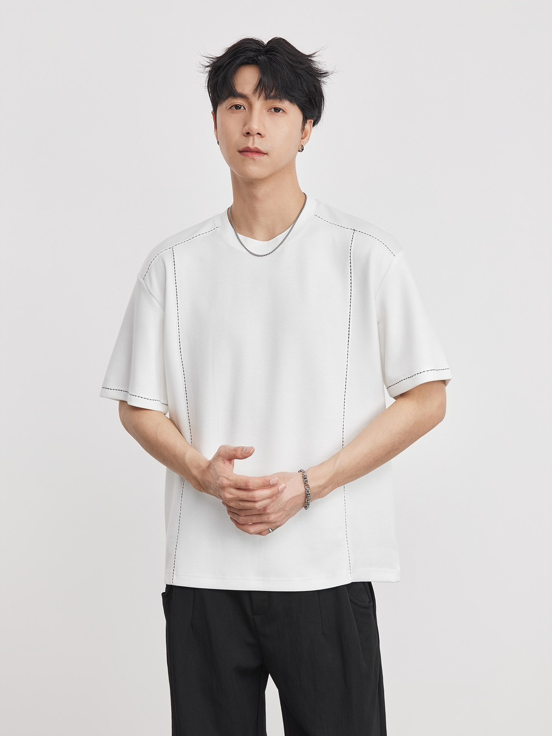 No.1676 男款圓領明線設計短T