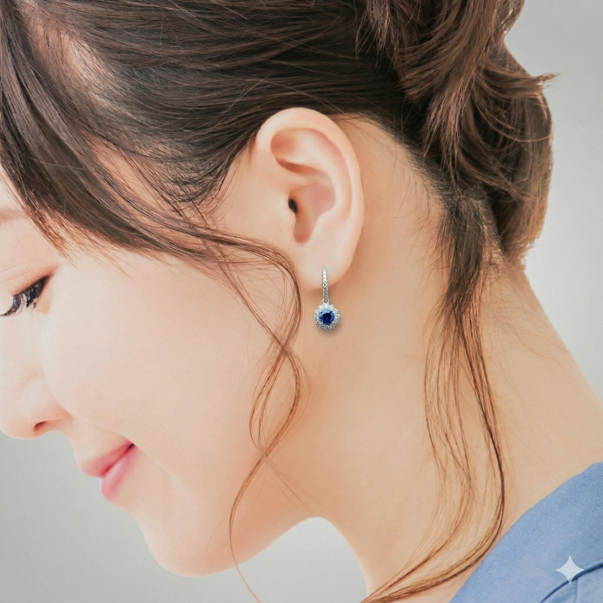 全新18K白金【主石36份藍寶石】配29份小鑽吊耳環