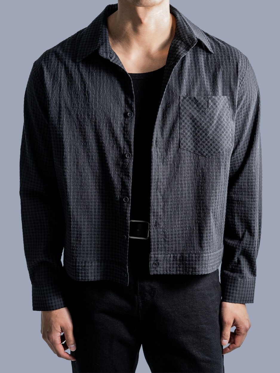 壓花格紋短款襯衫