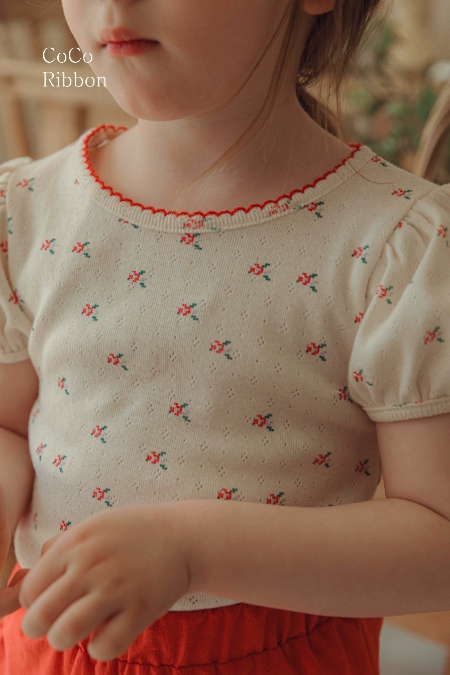 正韓夏cocoribbon 滾邊小紅花澎袖上衣