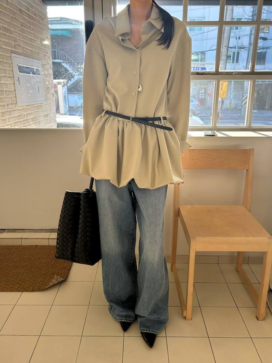 長袖開釦有領泡泡短洋裝(不含腰帶)