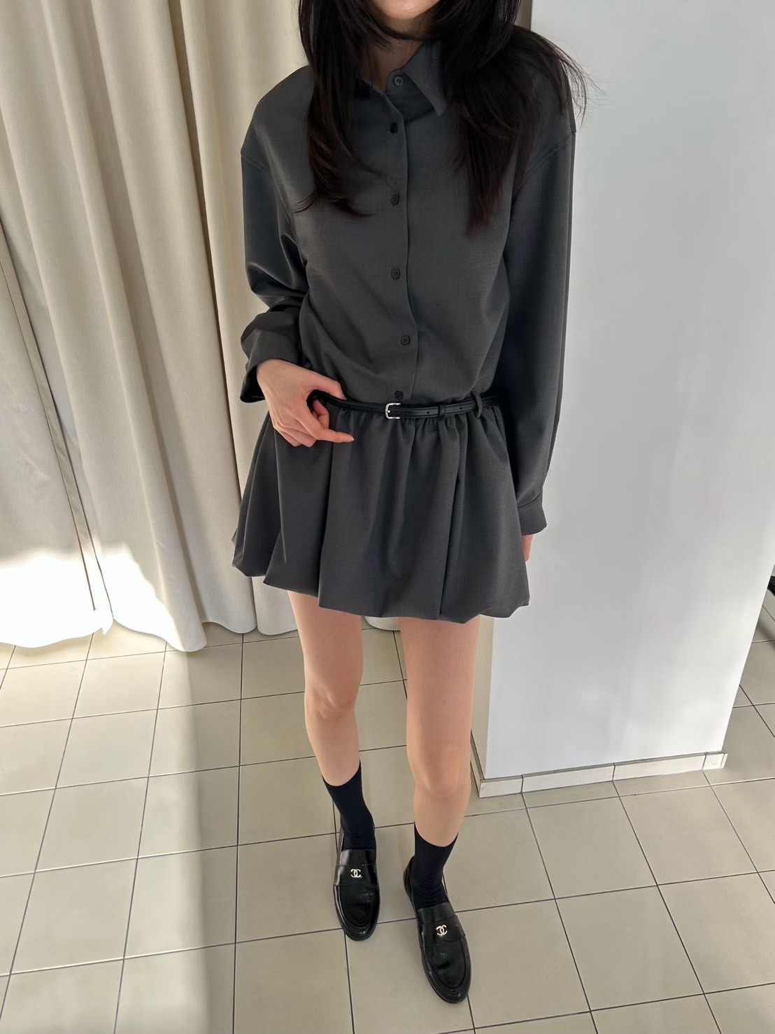 長袖開釦有領泡泡短洋裝(不含腰帶)