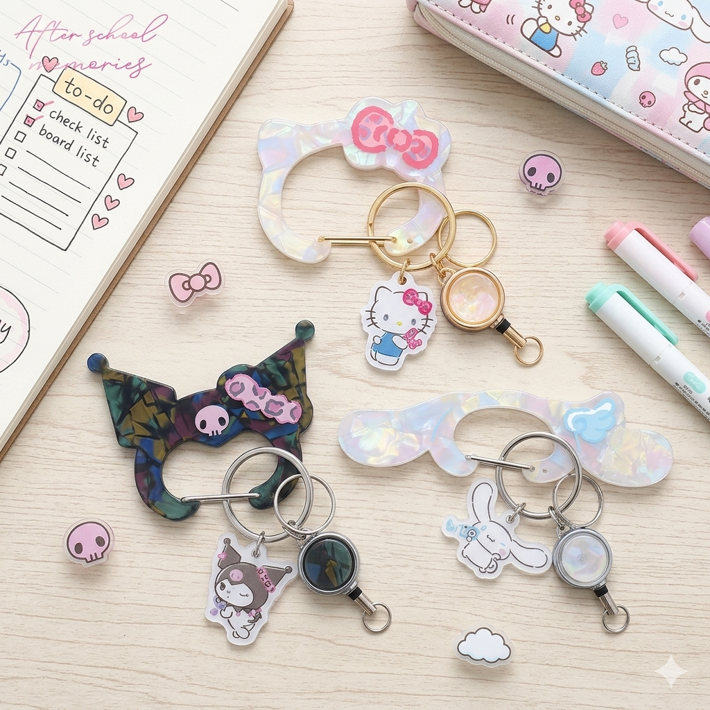 日本 Sanrio After School Memories 系列 貝殼色頭形爬山扣連伸縮匙扣