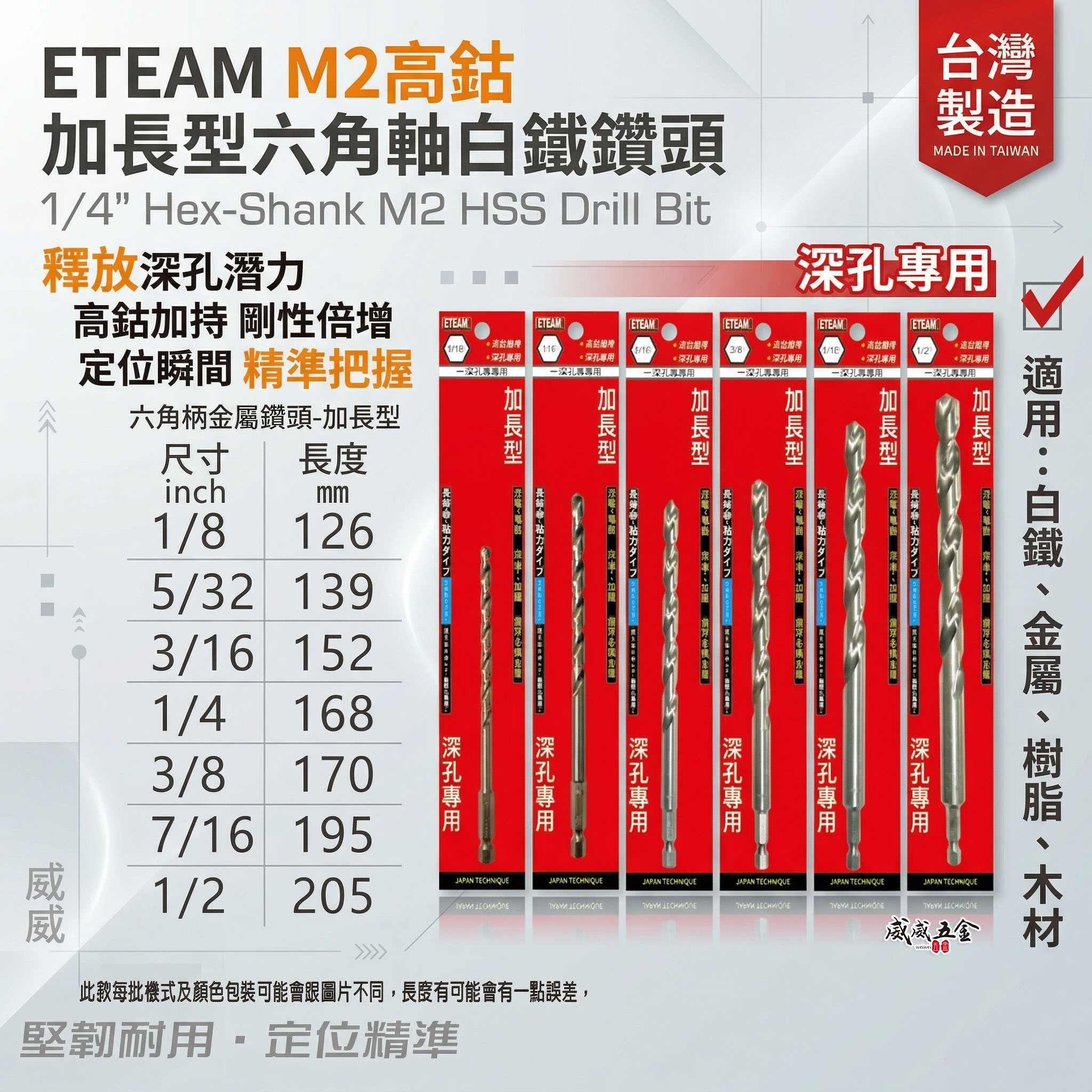 ETEAM 一等｜加長鑽頭 M2高鈷｜加長型六角軸白鐵鑽尾｜1/4" 六角柄金屬鑽頭 經濟型高鈷鑽頭｜台灣製
