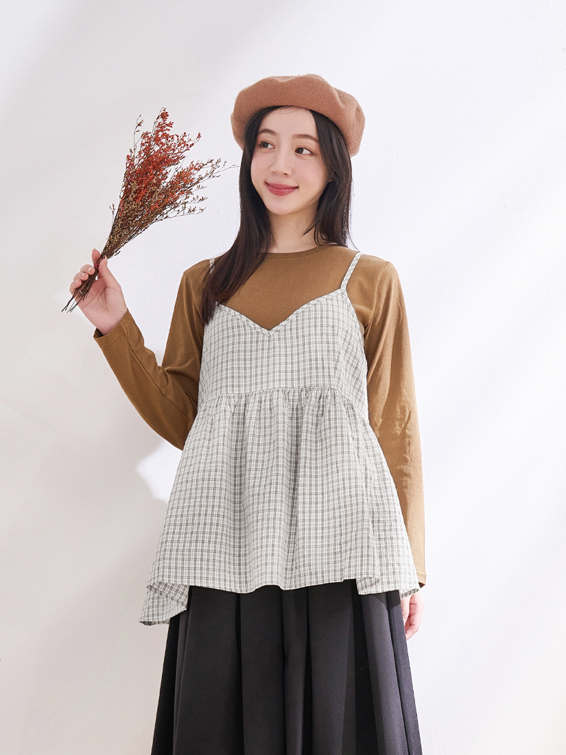 日系竹節棉格紋背心兩件式上衣