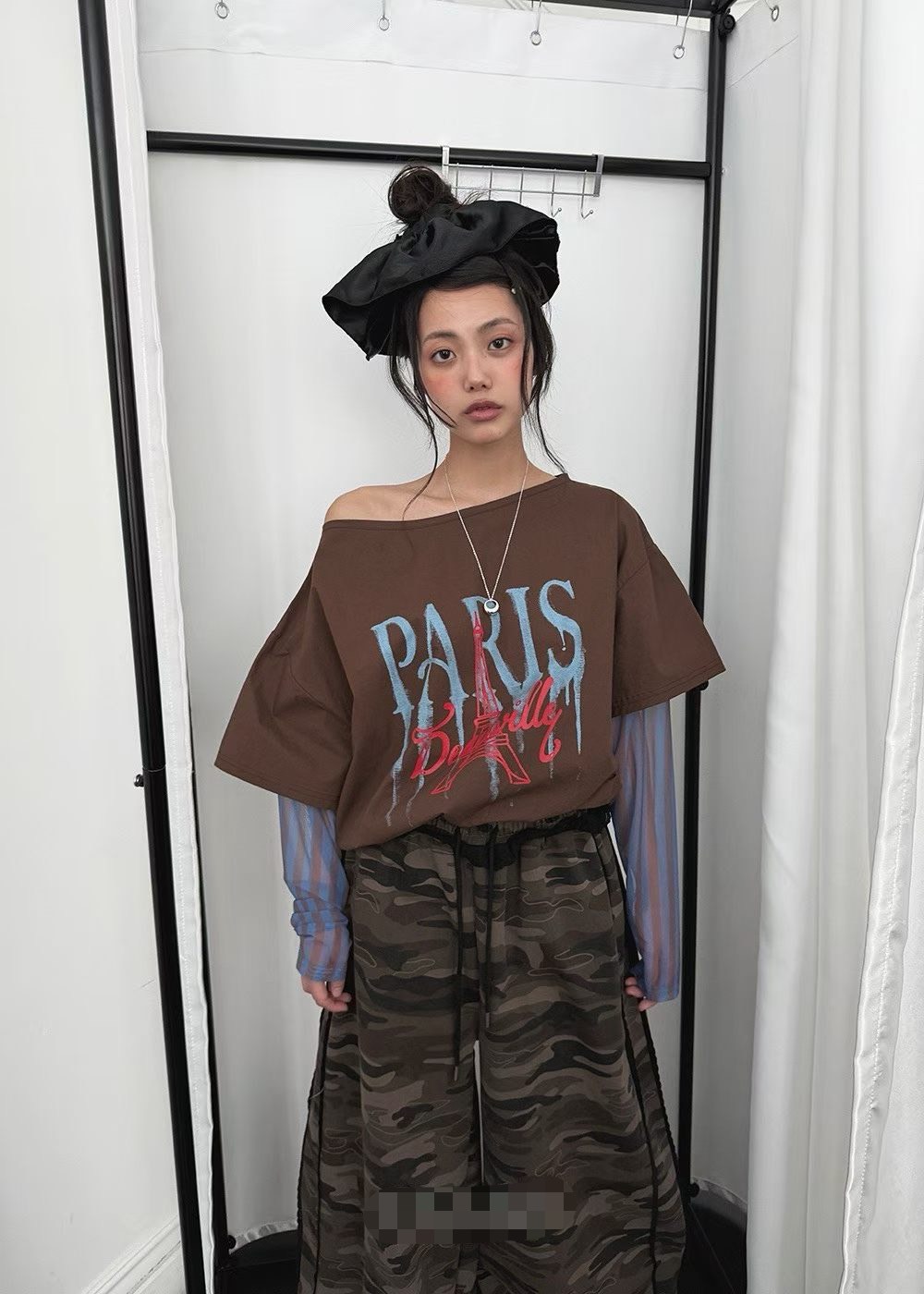PARIS紗袖寬領T
