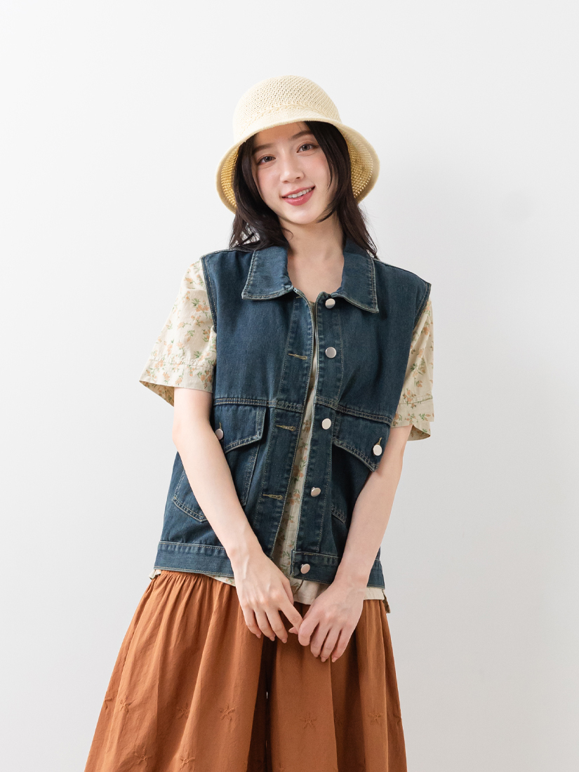 牛仔背心拼接短袖上衣繡花純棉寬褲組合