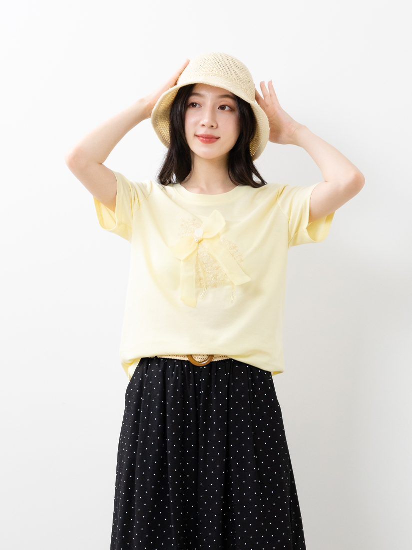 蝴蝶結縫珠刺繡短袖上衣點點九分寬褲組合