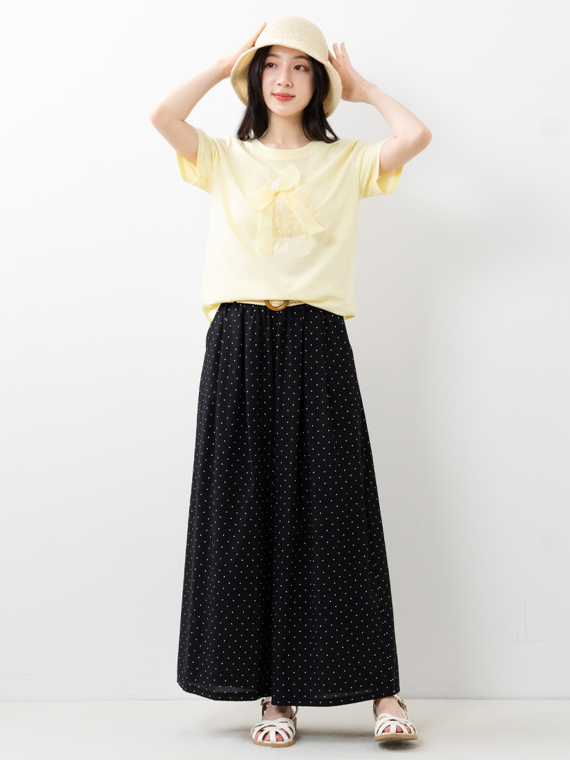 蝴蝶結縫珠刺繡短袖上衣點點九分寬褲組合