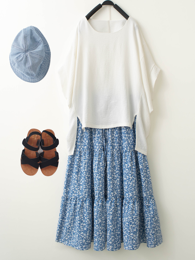 紋理連袖上衣小碎花荷葉鬆緊腰蛋糕裙組合
