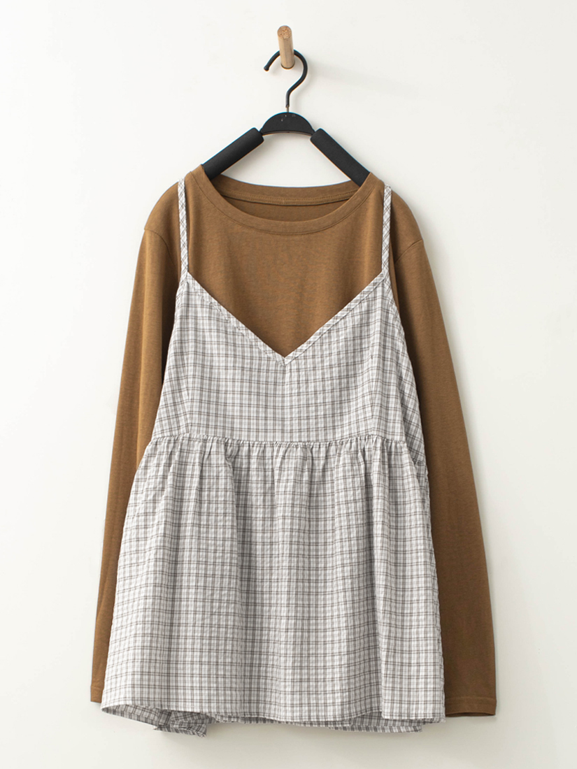 日系竹節棉格紋背心兩件式上衣