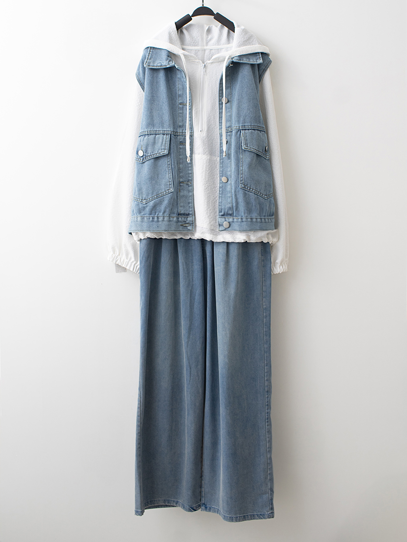 牛仔背心半開襟連帽上衣水洗打褶直筒寬褲組合
