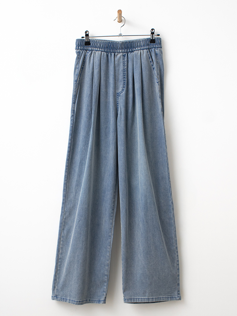 復古水洗天絲棉打褶直筒寬褲