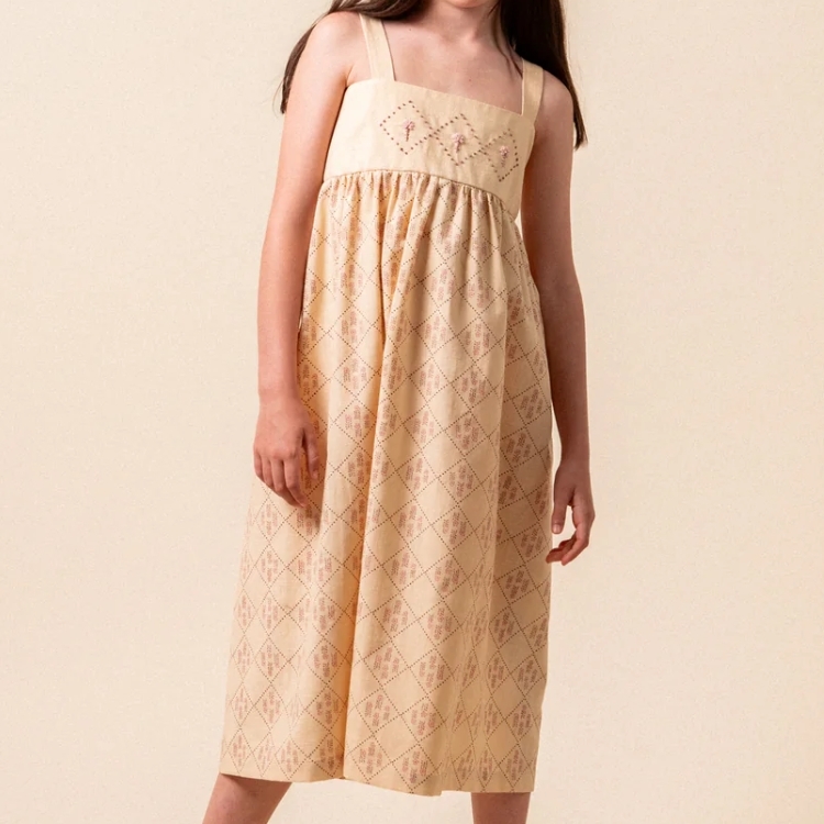 BIRINIT PETIT 菱格紋拼接花朵吊帶洋裝 Castelflorite embroidered midi dress girl