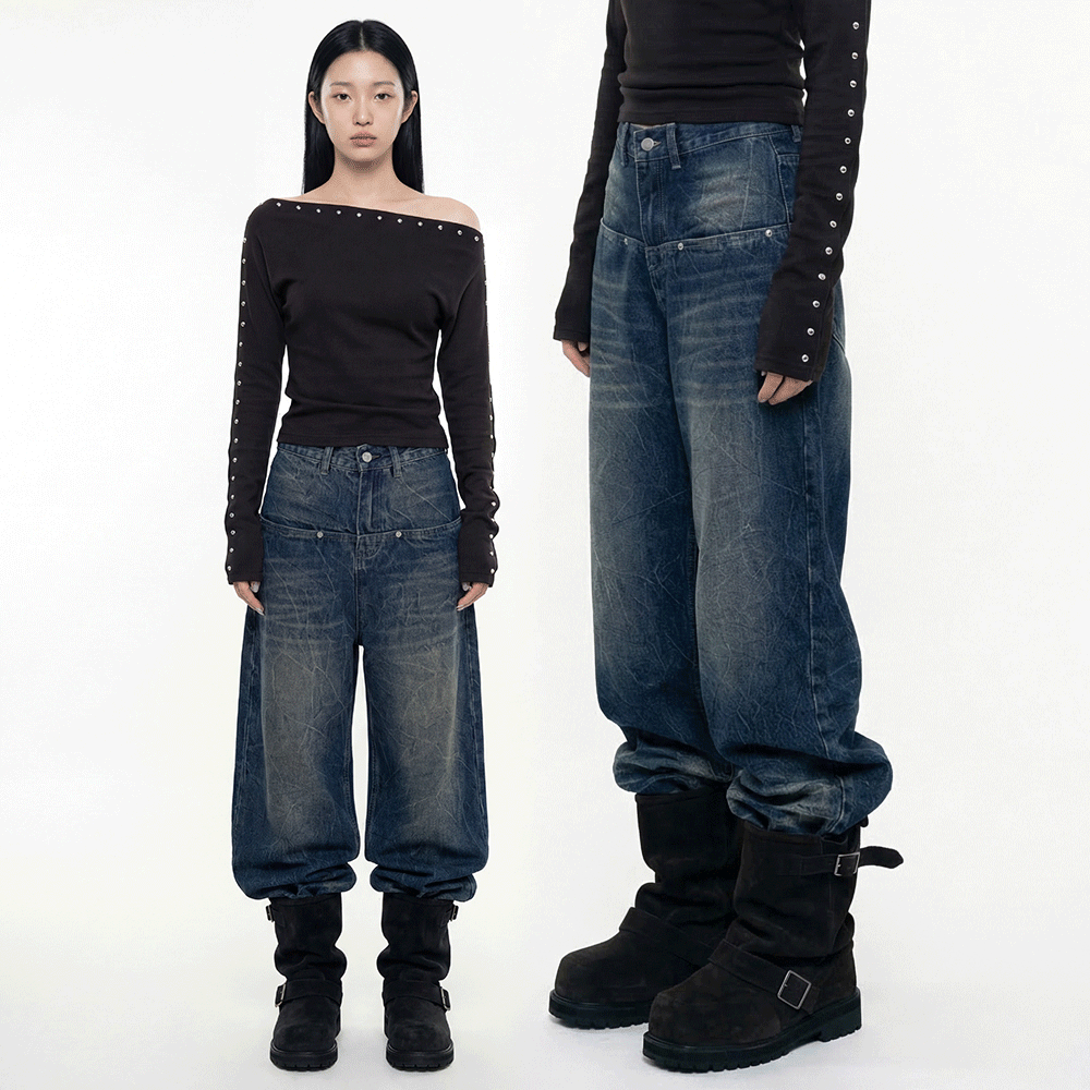 重工雙腰頭貓鬚寬版牛仔褲
