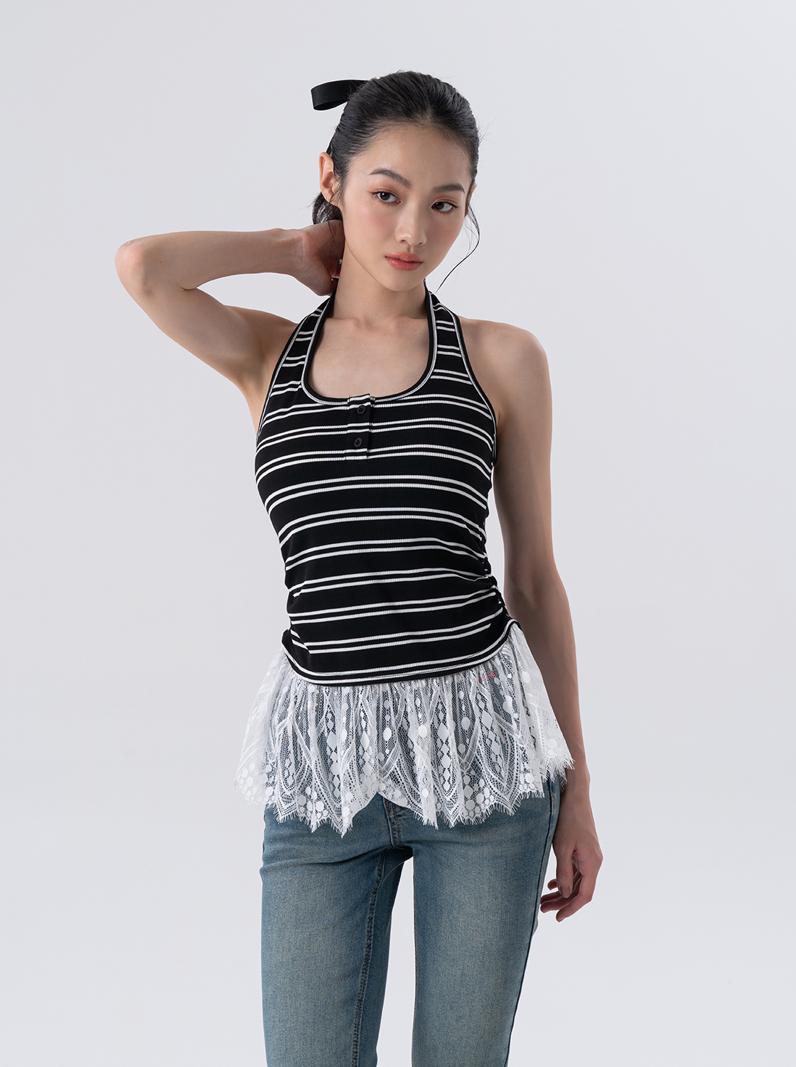 條紋蕾絲裙繞脖Bra上衣