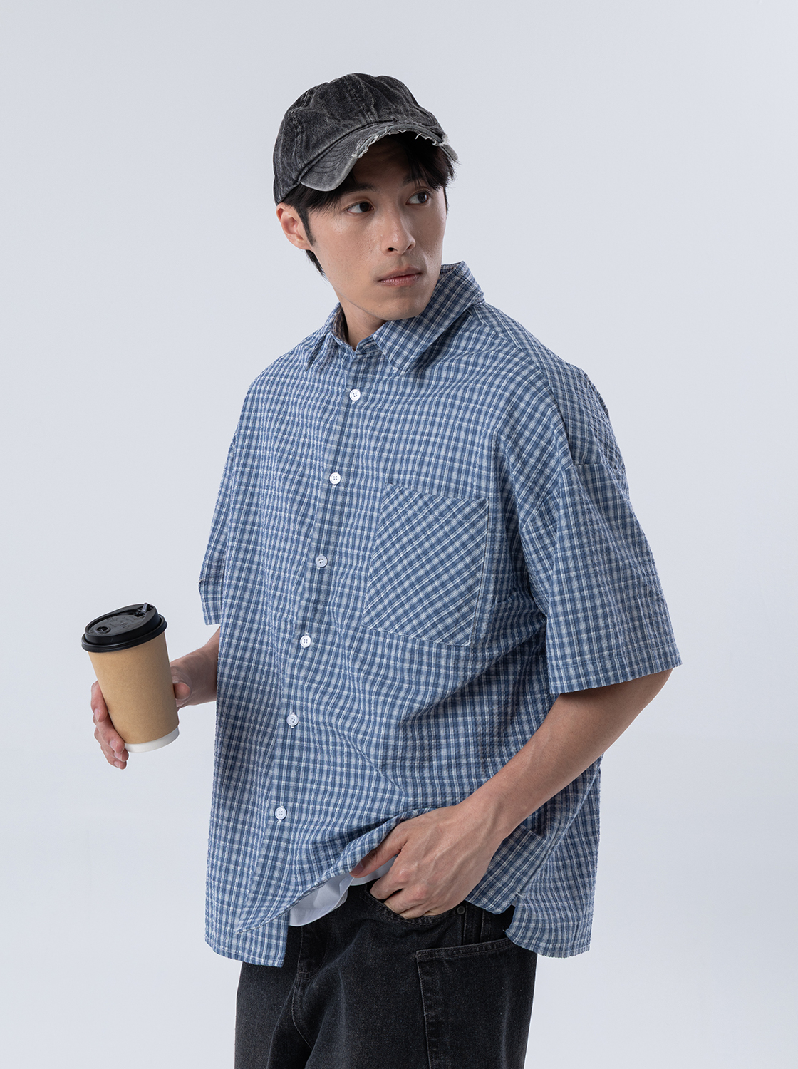 復古小格紋短袖襯衫