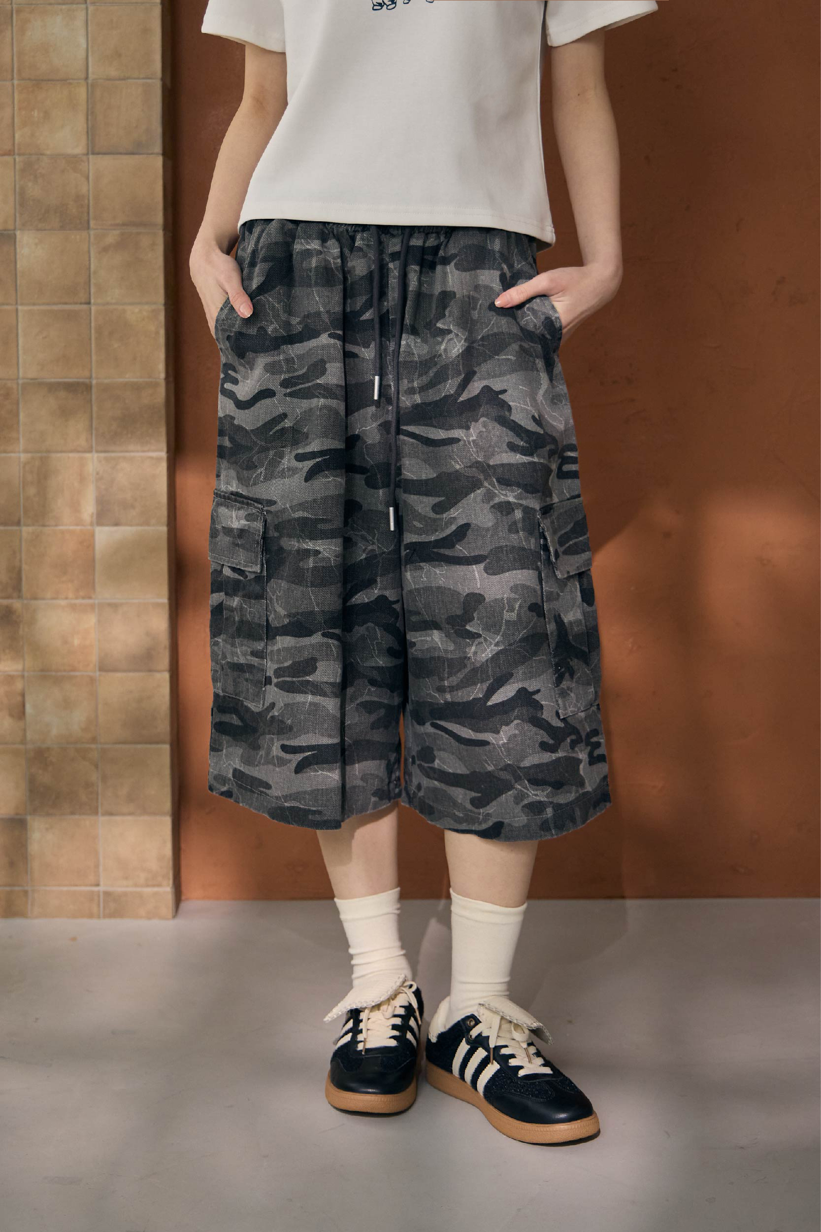 復古迷彩寬版工裝褲