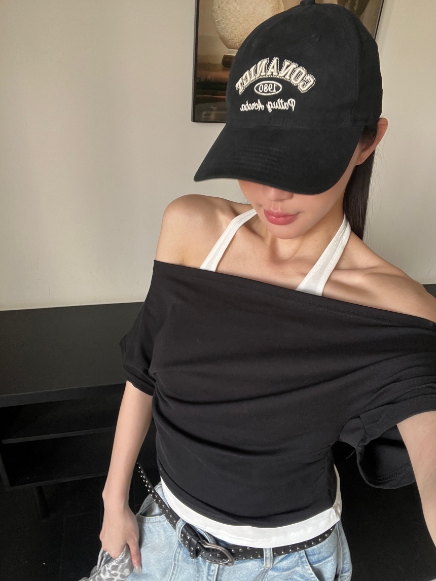 假2件撞色掛脖一字上衣*2色