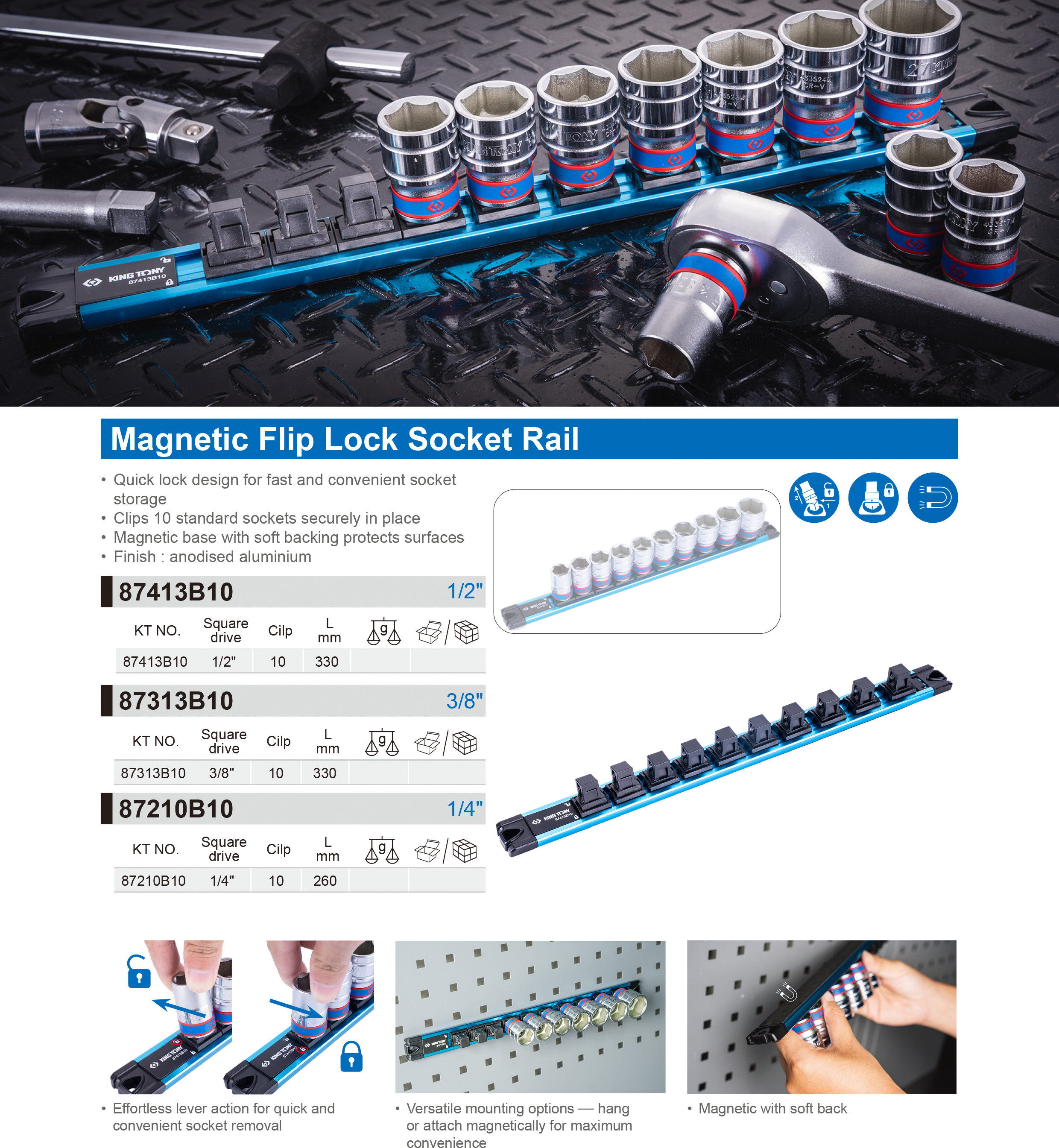 KING TONY 金統立｜鋁製套筒滑軌架 單套筒架｜87413B10｜售價無套筒