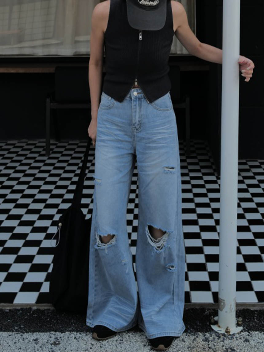 淺藍破壞牛仔闊腿褲