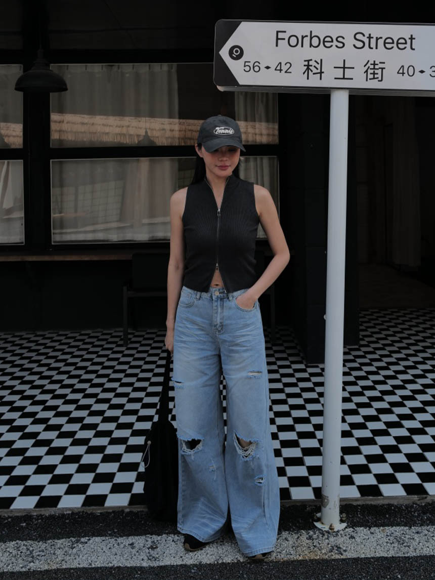 淺藍破壞牛仔闊腿褲