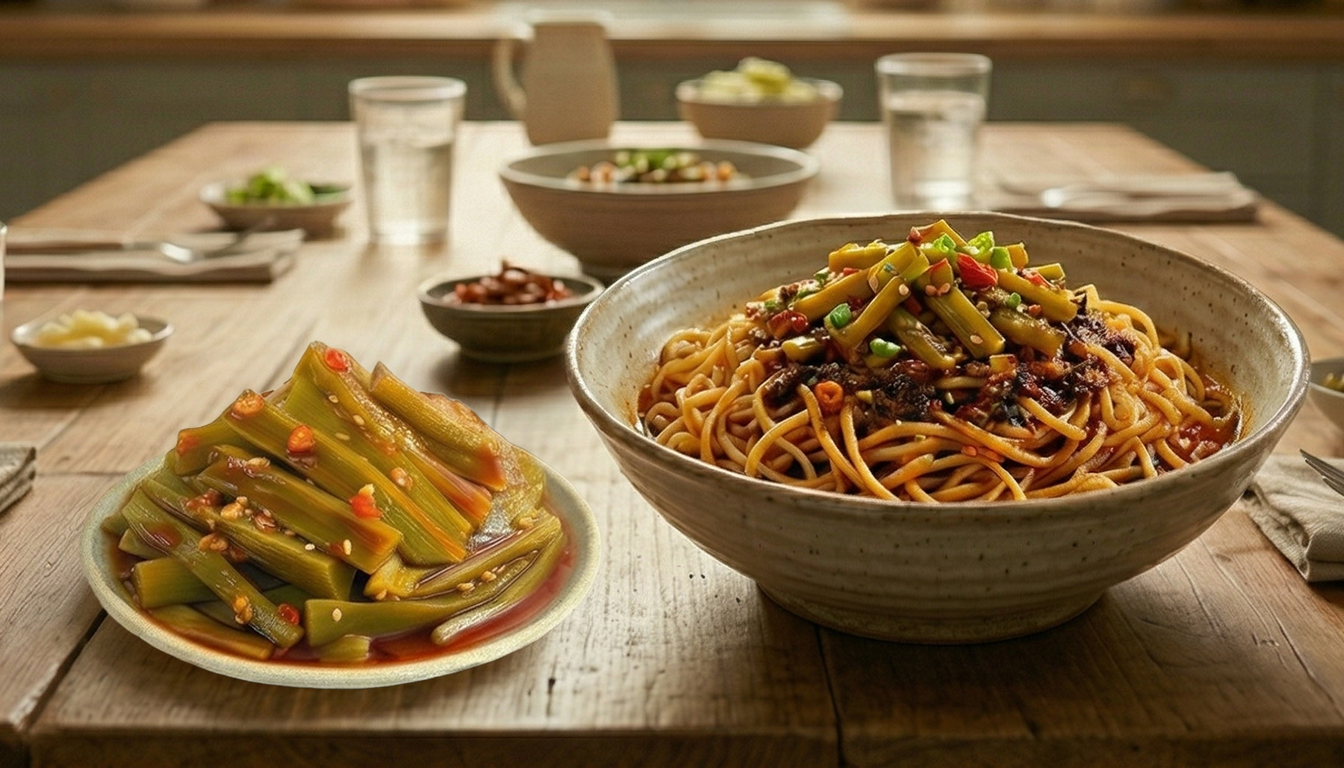 偷心貢菜乾拌麵-椒麻香氣與極致脆感的層次料理-溫馨居家午餐場景