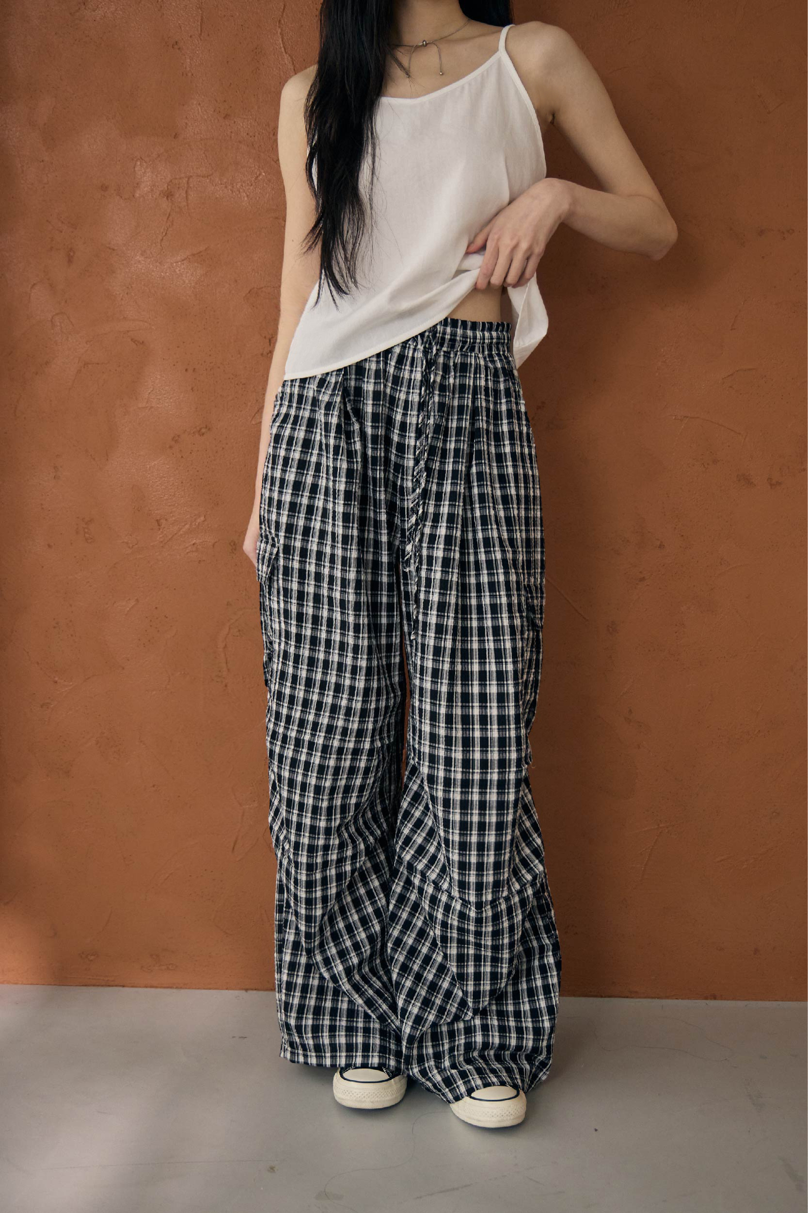 格紋抓褶泡泡布寬褲
