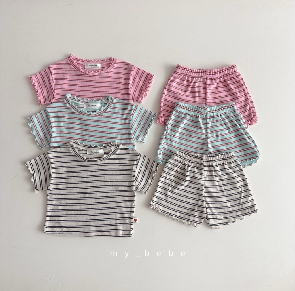 正韓夏MY BEBE 三色捲邊條紋套裝