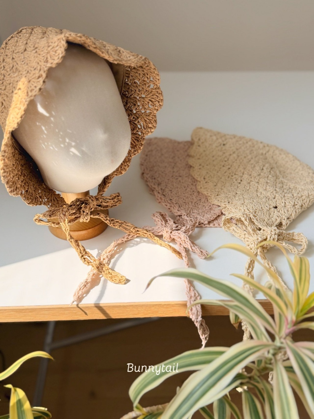 正韓夏bunnytail 三色編織綁帶帽