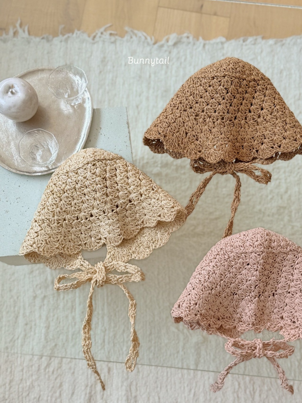 正韓夏bunnytail 三色編織綁帶帽