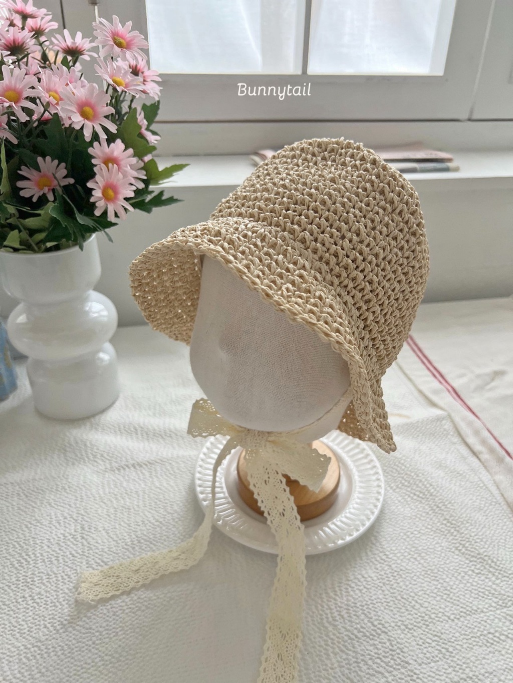 正韓夏bunnytail 編織水桶綁帶帽