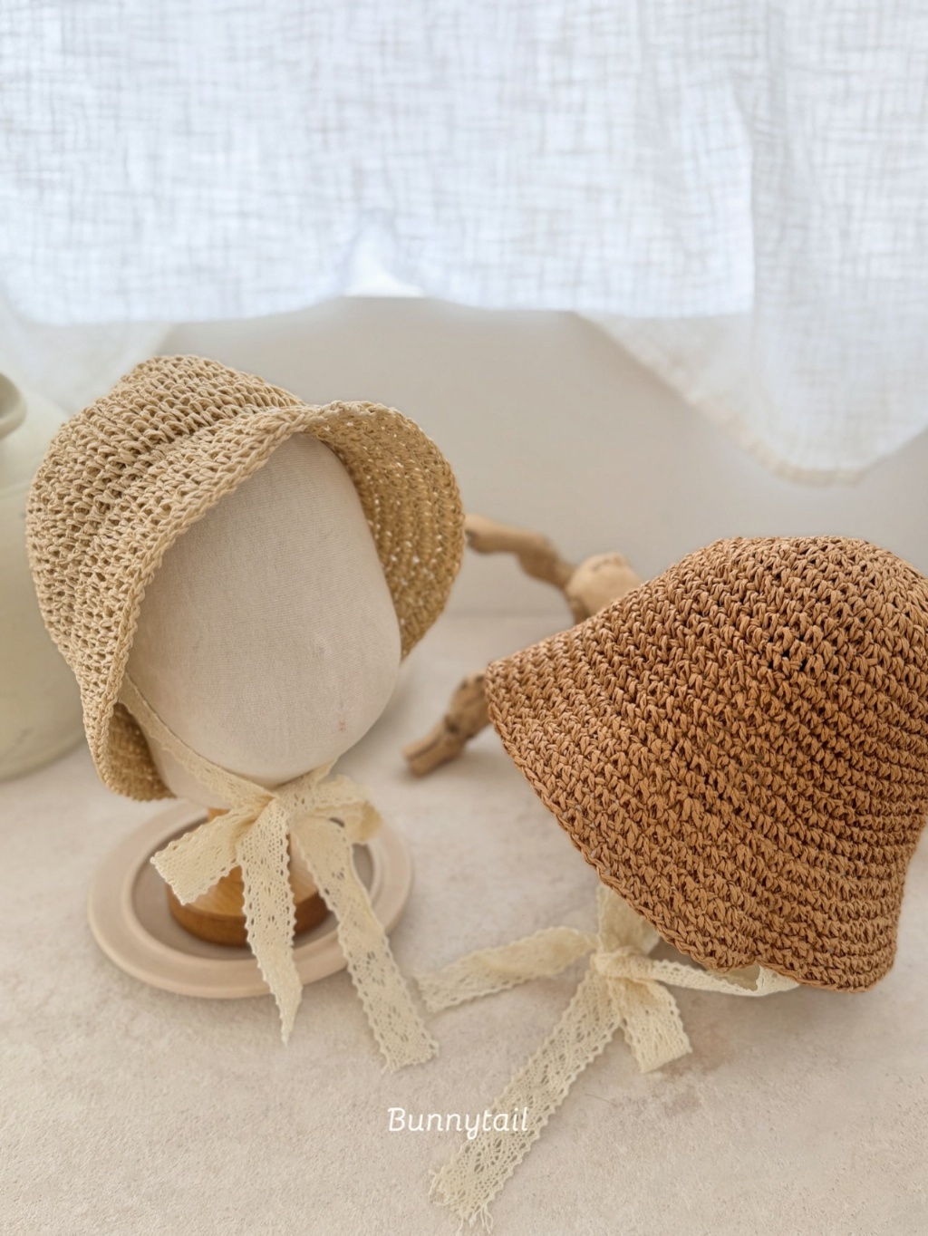 正韓夏bunnytail 編織水桶綁帶帽