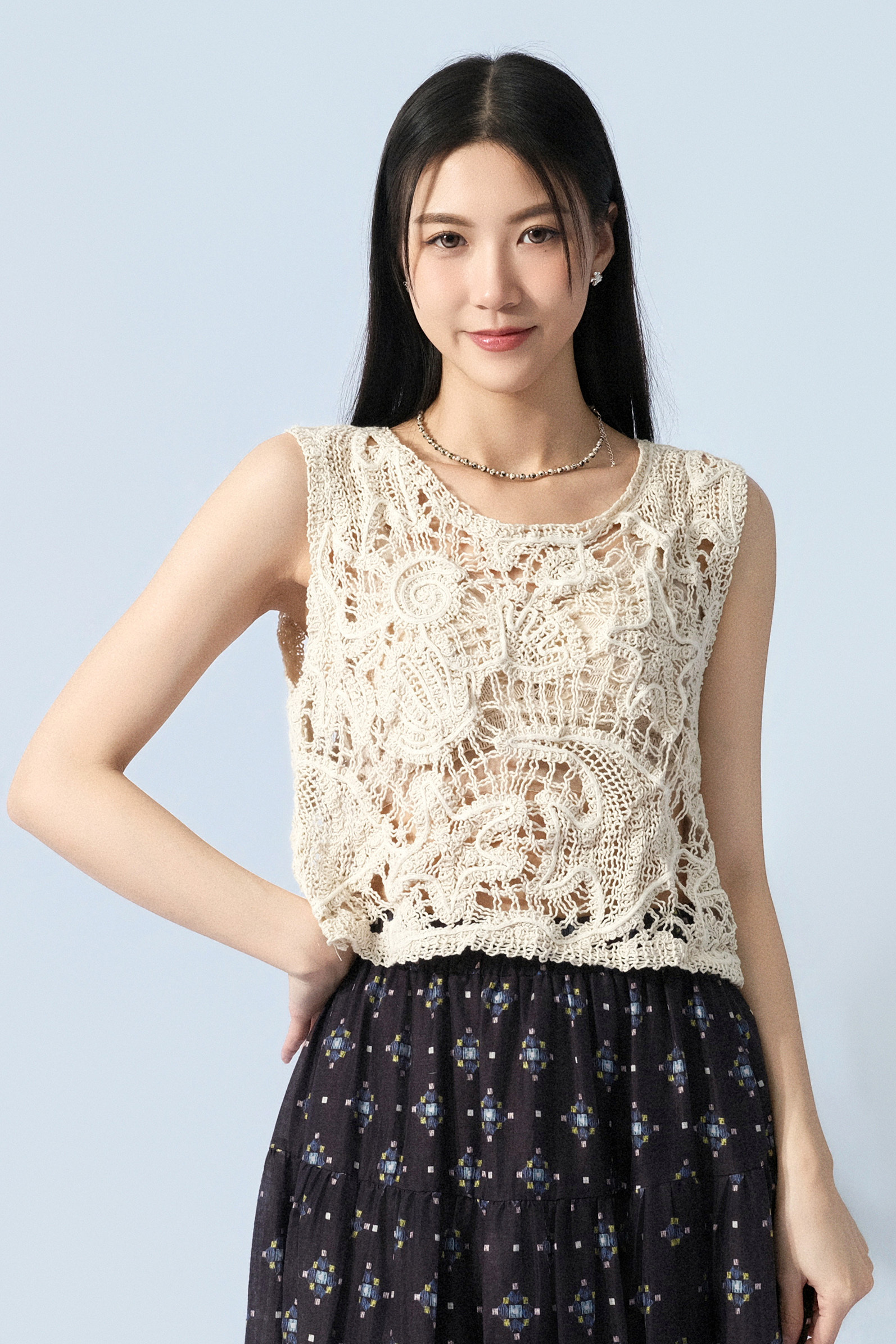 海洋圖案鏤空鈎花短背心 (預購產品）
