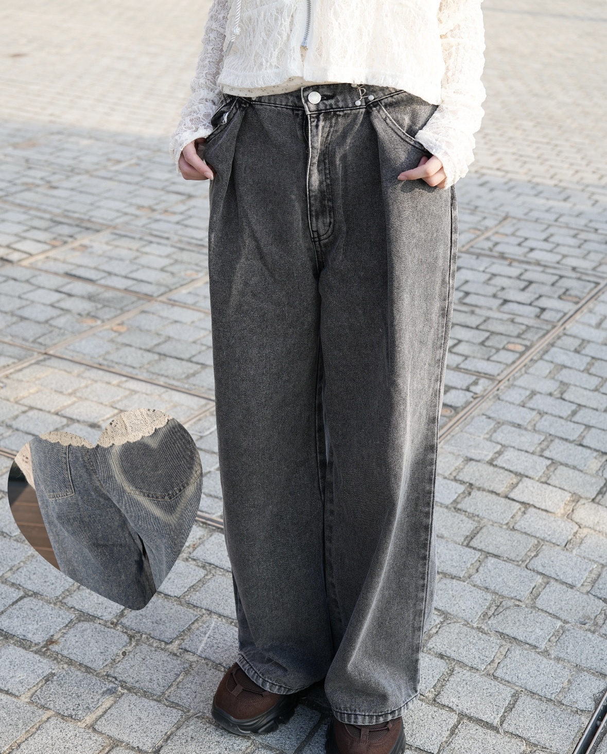 心心圖案直腳牛仔褲 · 3色入