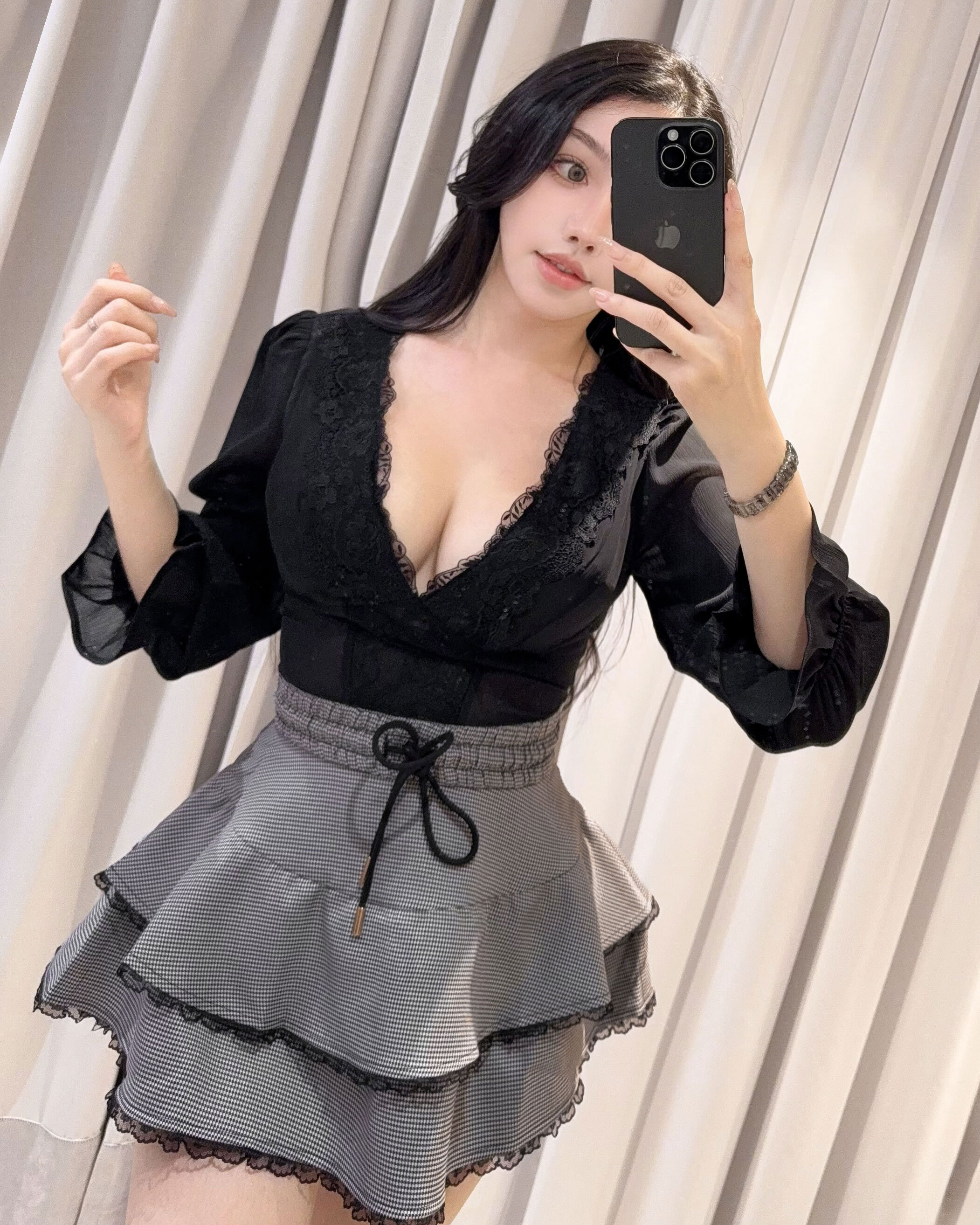 訂製-古典蕾絲深V雪紡上衣