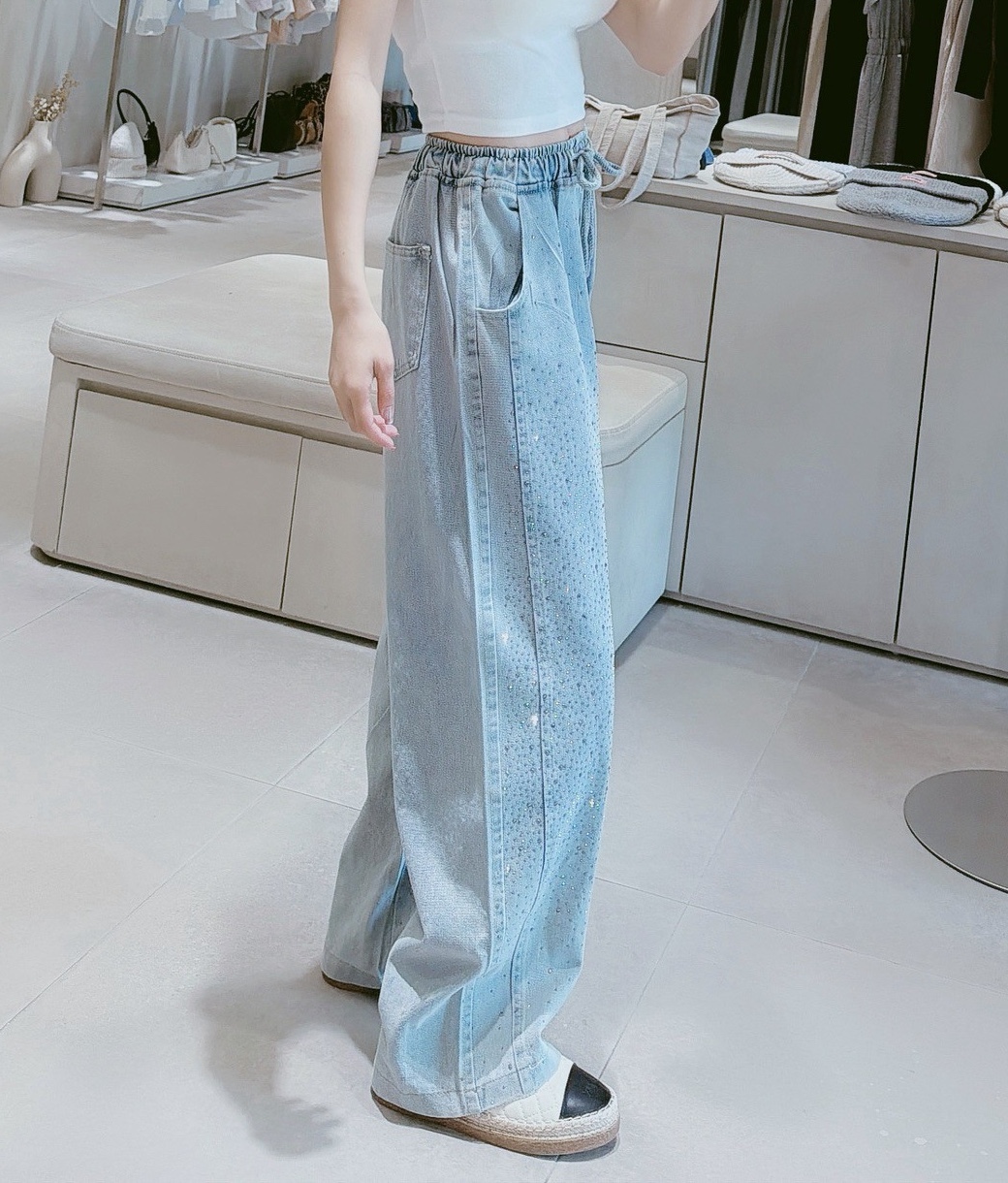 鬆緊抽繩燙鑽牛仔直筒褲
