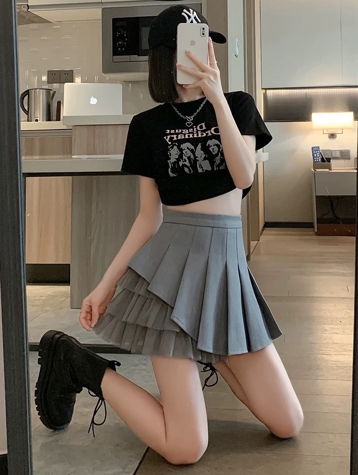 後鬆緊百摺接蕾絲西裝短裙